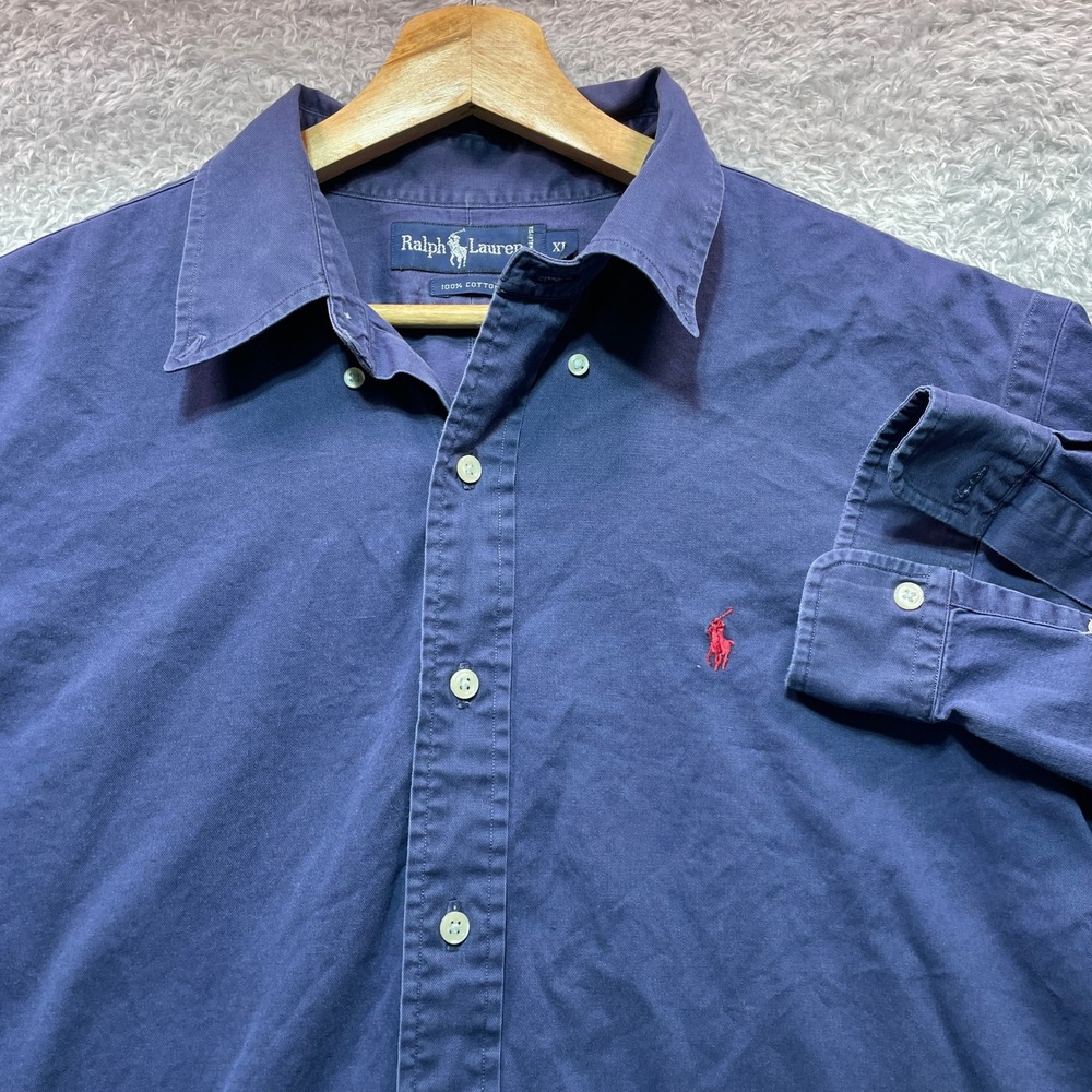 Polo Ralph Lauren Mens XL Navy Blue Cotton Twill Button Down Shirt Red Pony Logo
